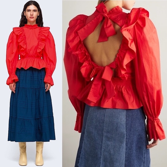 Sea New York Tops - SEA NY Ruffled High Neck Puffed Long Sleeve Tied Open Back Cotton Peplum Top 8